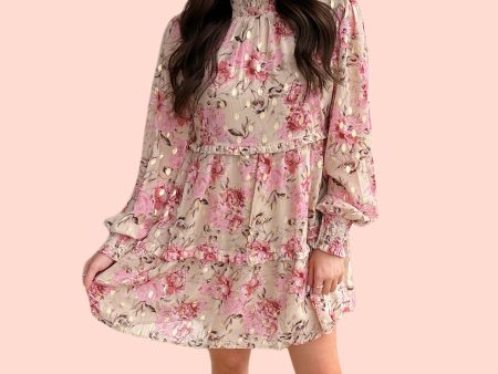 Beige & Gold Floral Dress Cheap