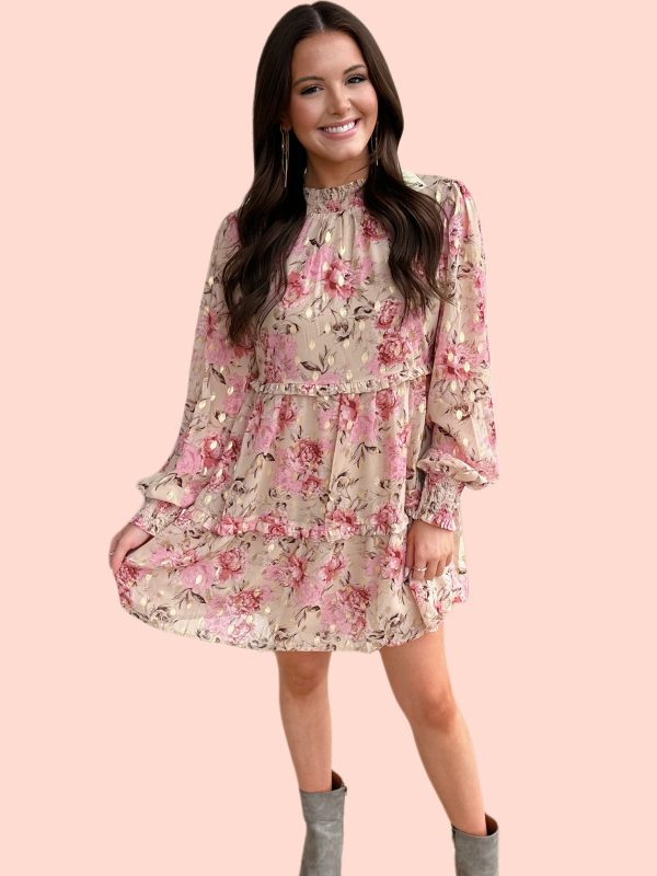 Beige & Gold Floral Dress Cheap