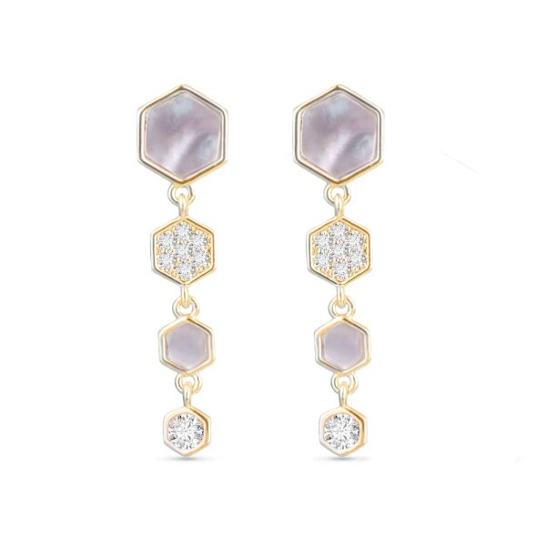 Mother of Pearl and CZ Hexagon Drop Earrings -  Gold Cheap