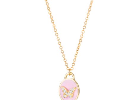 Pink Enamel and CZ Butterfly Drop Necklace -  Gold on Sale