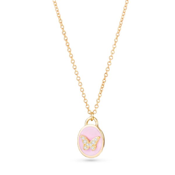 Pink Enamel and CZ Butterfly Drop Necklace -  Gold on Sale