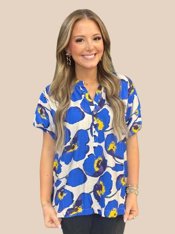 Blue Mix Floral Button Down For Sale