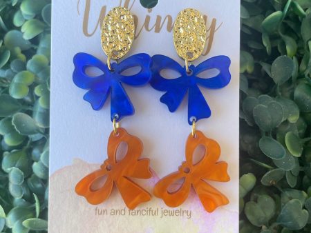 Blue & Orange Teared Bow Earrings w  Gold Post Online Hot Sale