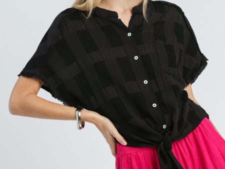 Black Textured Short Sleeve Button Front Top Fashion