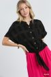 Black Textured Short Sleeve Button Front Top Fashion